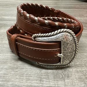JUSTIN Top Grain Cow Hide Brown Leather Belt Silver Braided Edging Size 30